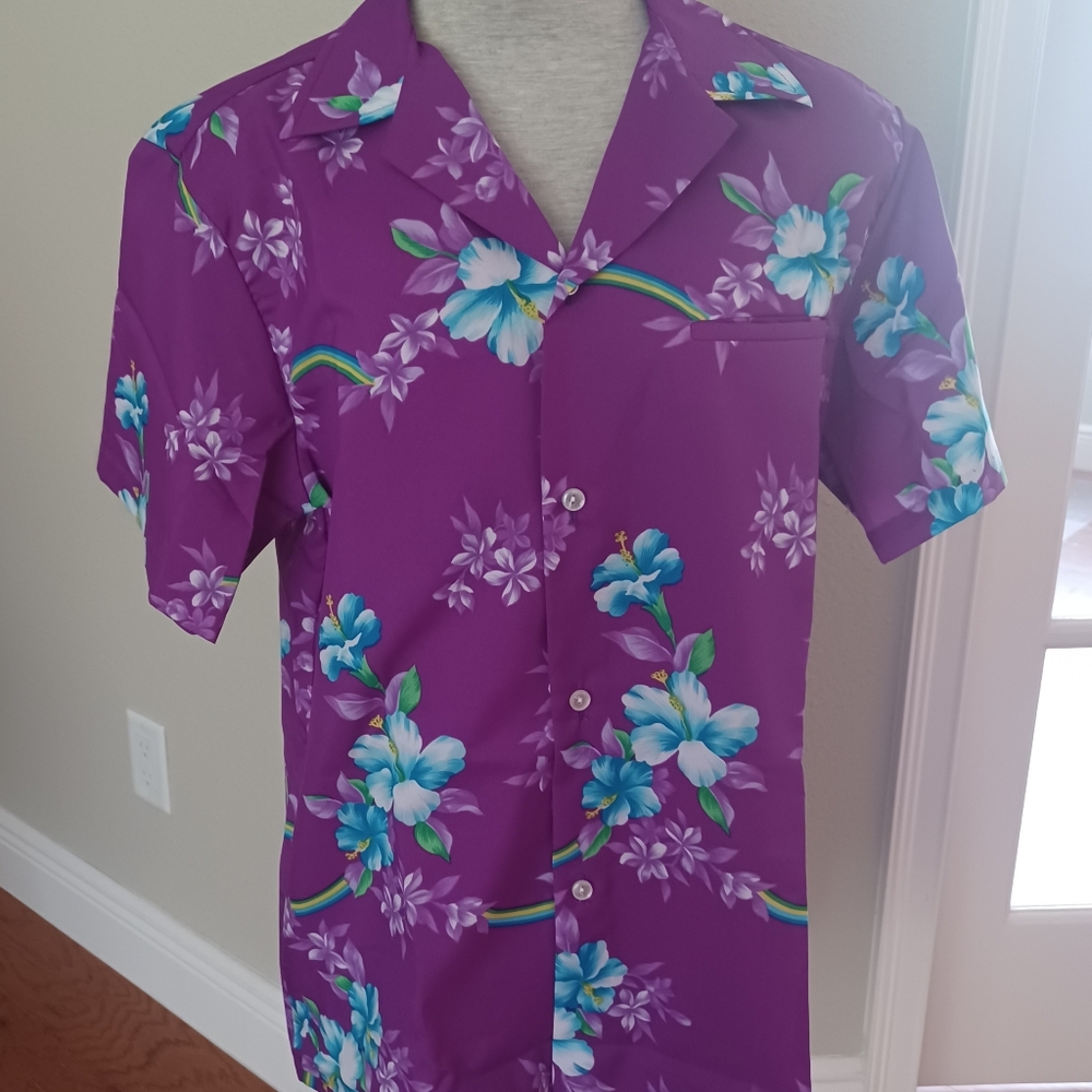 ISLAND FASHIONS Aloha Shirt Purple w/ Hibiscus Flowers-Made in Honolulu-Mens M